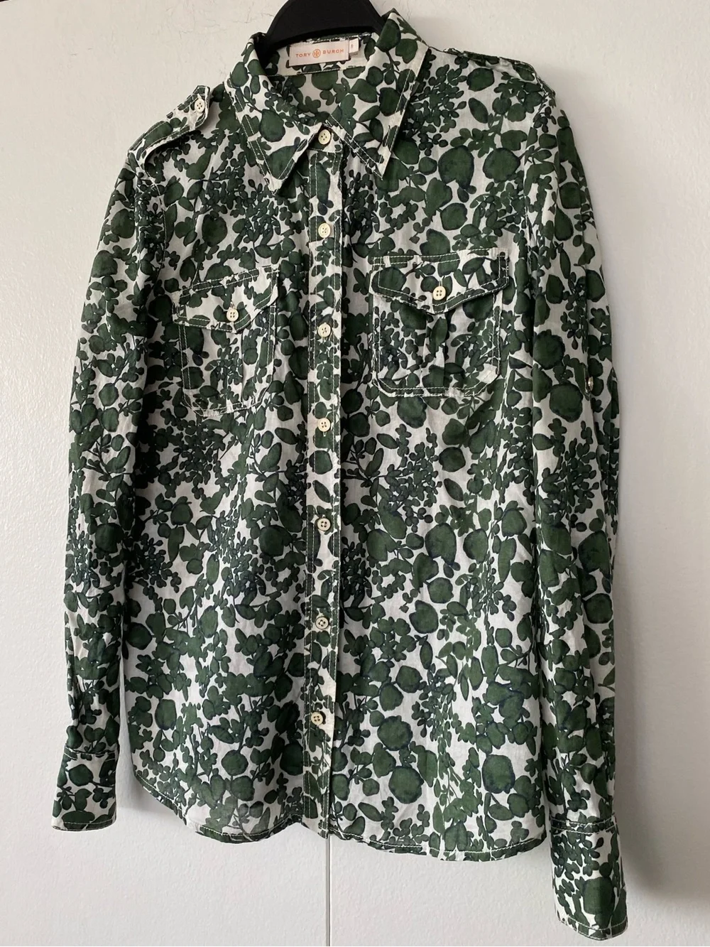 Tory Burch Womens Green White Vine Pattern Brigitte Button Up cotton top Size 6